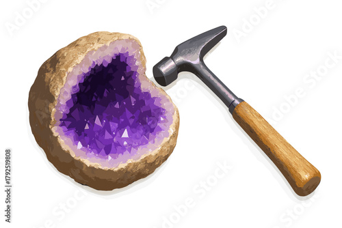 Amethyst geode crystal formation cracked open next to a geological rock hammer tool on white background