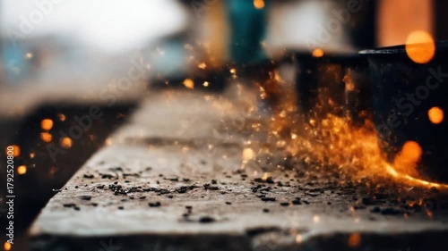 A close-up view capturing fiery sparks, steam, and a partially visible dark pot in an industrial setting