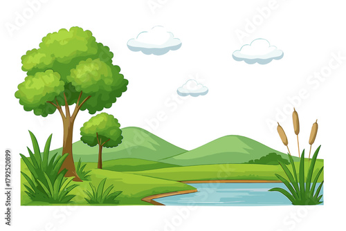 Bright cartoon scene of a peaceful natural park with a pond, large trees, green hills, and cattails