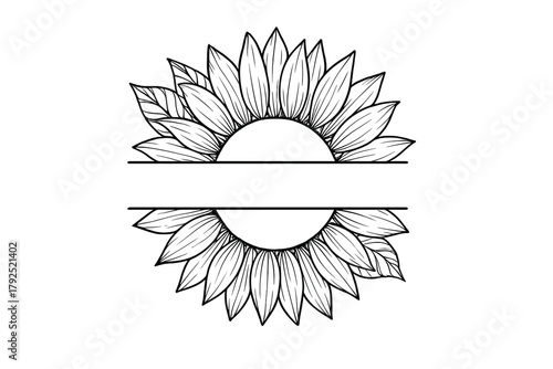Elegant blooming sunflower split monogram frame outline drawing for personalized design