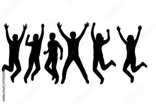 Dynamic black silhouettes of six joyful people jumping high with arms raised