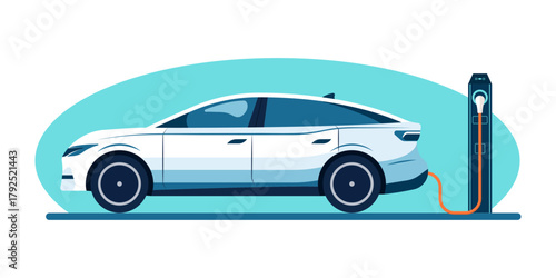 Electric vehicle on charging station. Electric car charging point. Vector illustration.