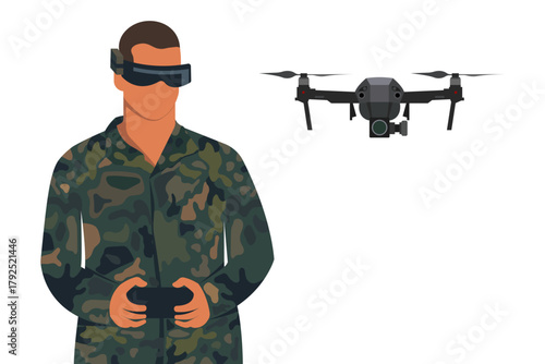 Military drone operator. Soldier with quadcopter. Vector illustration.