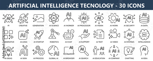 Artificial Intelligence vector editable icons. Collection of AI linear icons.