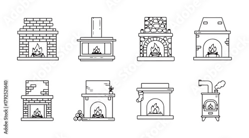 Collection of eight different fireplace designs in a simple black and white line drawing silhouette