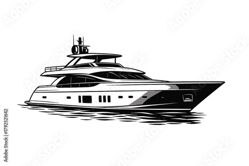 Modern luxury superyacht silhouette cruising on the water in black and white
