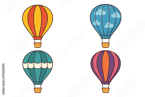 Colorful striped hot air balloons with baskets ready for flight and aerial travel