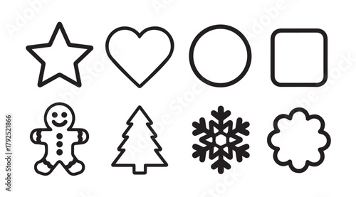 Collection of eight simple outline shapes including a star heart oval square gingerbread man tree snowflake and flower silhouette