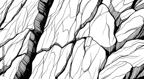 Detailed Black and White Illustration of Jagged Rock Formations.