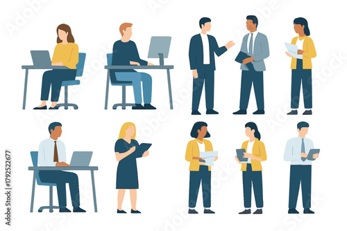 Diverse collection of business professionals working at desks and collaborating in various settings