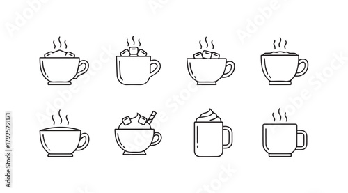 Collection of eight steaming hot beverage cups in a simple outline silhouette style