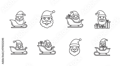 Collection of eight charming santa claus silhouettes in sleighs and with gifts silhouette