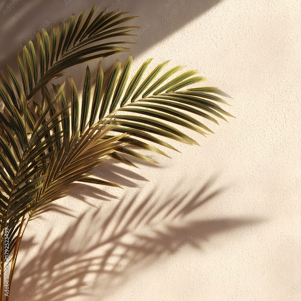 Fototapeta premium Elegant light background with overlapping palm leaf shadow textures forming organic geometry and contemporary graphic design backdrop close up of palm tree