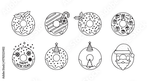 Collection of festive christmas donuts and santa claus head silhouette