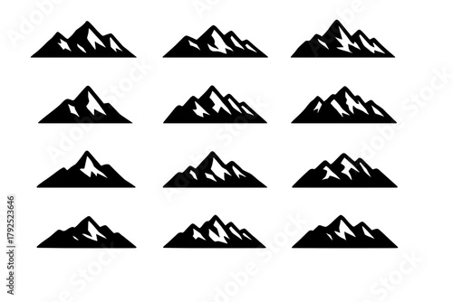 Set of twelve stylized black mountain peak silhouettes and icons on white background