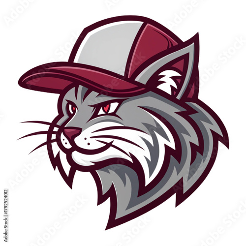 Alley Cat Esport Mascot Logo Vector – Urban Street Style Feline Emblem with Solid Grey and Maroon Flat Design, Geometric Shape, Modern Gaming Badge

