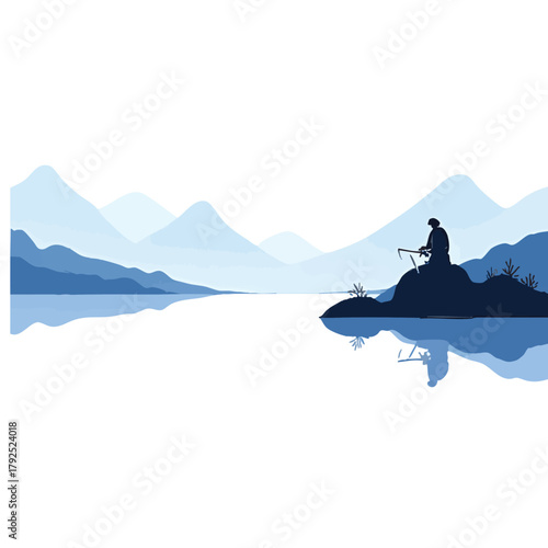 Blue ink wash painting of panorama with a lone fisherman on calm waters and distant mountains. Traditional oriental ink painting sumi-e, u-sin, go-hua. Hieroglyph - life energy.