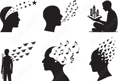 Conceptual illustrations of human intellectual and creative processes. silhouettes depict ideas, musical expression, knowledge, innovation, and abstract thought using symbolic elements.