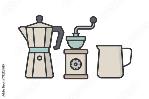 Classic coffee brewing equipment set including Moka pot, manual grinder, and milk pitcher