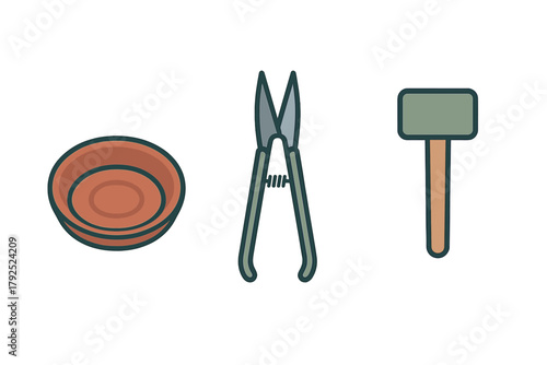 Set of essential gardening and crafting tools including terracotta tray and pruning shears