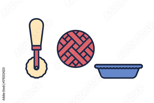 Set of baking tools including dough cutter, lattice pie crust pattern, and baking pan