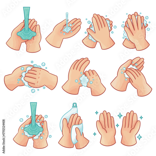 Step-by-step guide illustrating proper handwashing technique for hygiene and health.