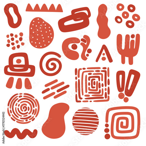 Abstract collection of organic and geometric shapes in terracotta color with various patterns and textures.