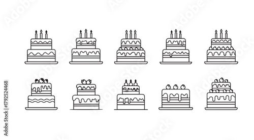 Collection of hand drawn birthday cakes with candles silhouette