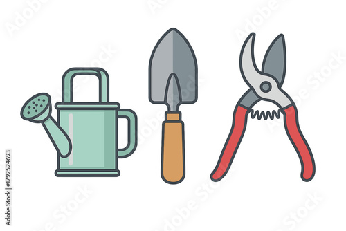 Essential gardening tools set including watering can, hand trowel, and pruning shears
