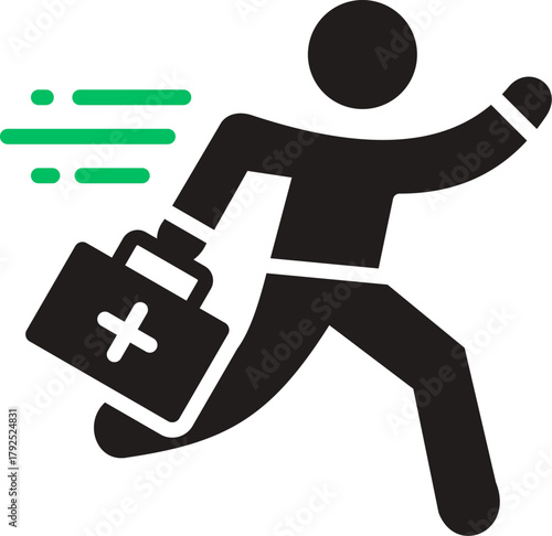 Silhouette vector of a A man run with Fast Aid box. man running with tool box isolated on white. Emergency Responder Running Silhouette with First Aid Kit, Urgent Medical Assistance. 