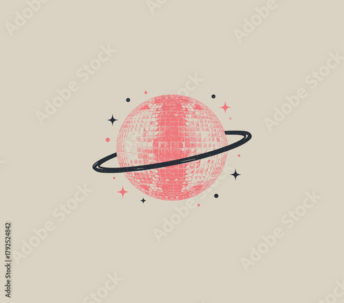 Retro Disco Planet Graphic.Cosmic Disco Ball Sticker.Vintage Party Saturn Design.Pink Textured Space Ball Art.Groovy Galaxy T-shirt Print