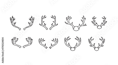Collection of eight unique deer antler silhouettes with botanical elements silhouette
