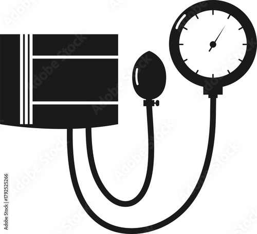 Blood pressure monitor silhouette vector. Silhouette of manual blood pressure monitor with cuff, bulb, and gauge. Illustration sphygmomanometer medical equipment blood pressure monitor. 