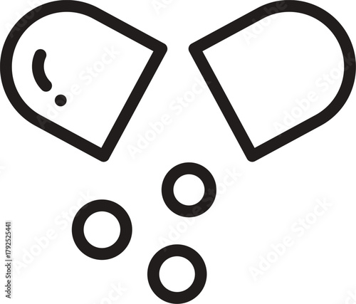 Open capsule line art vector. Outline of An open capsule with pellets spilling out. Open Capsule Pill. pill open powder health medical science. 