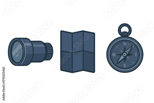 Essential navigation tools set featuring a compass, folded map, and telescope