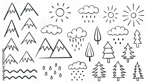 Illustration of mountains, suns, clouds with rain, trees, and waves in a simple doodle style drawing