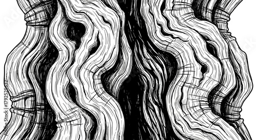 Detailed Black and White Illustration of an Ancient Tree Trunk.