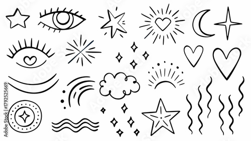 Illustration of stars, moons, hearts, eyes, clouds, and other celestial and decorative elements in black lines
