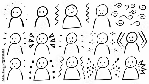 Illustration showing various stick figures expressing different emotions and surrounded by abstract elements