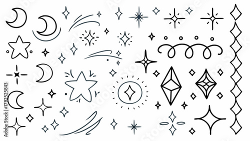 Illustration of various celestial elements including moons stars shooting stars and decorative border elements