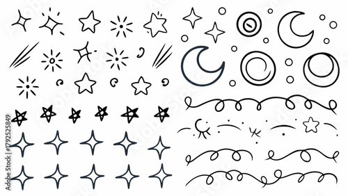 Illustration of hand drawn celestial elements including stars moons swirls and decorative lines in black ink