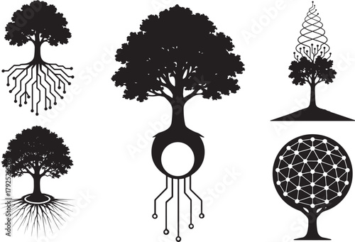 Collection of stylized black silhouette trees with intricate roots and branches merging with digital circuit patterns and geometric designs