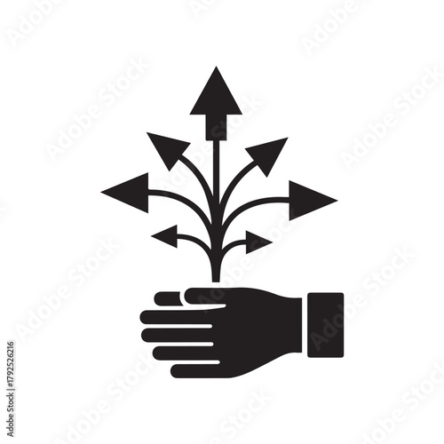 Hand holding plant with arrows pointing in different directions