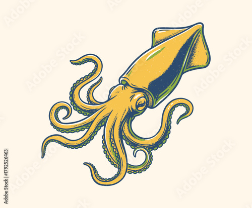 Retro Ink Squid Illustration.Vintage Cephalopod Vector.Deep Sea Nautical Design.Detailed Tentacles Artwork.Mascot Style T-shirt Print