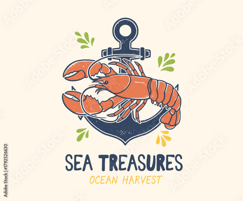 Vintage Lobster and Anchor Emblem.Retro Seafood Badge Design.Ocean Harvest Illustration.Distressed Nautical Graphic.Crawfish T-shirt Print