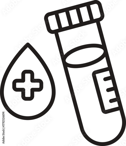 illustration of a Medical Test sample outline. Test tube pouring a liquid drop. Science lab icon for chemistry experiment, medical analysis, or research. 
