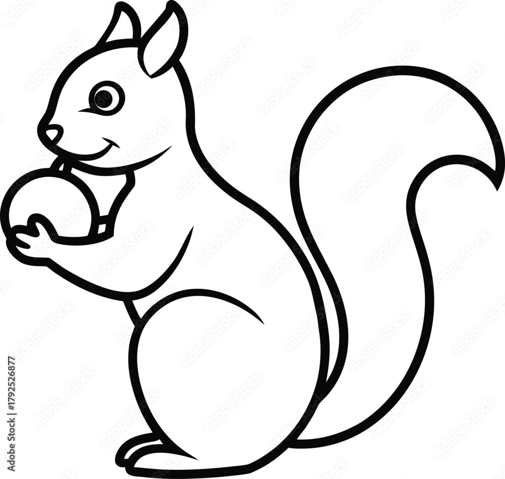 Naklejka premium Adorable cartoon squirrel holding a nut, black and white line art illustration