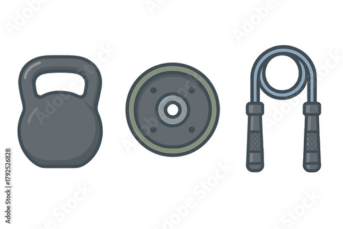 Essential gym and fitness equipment set including kettlebell weight plate and jump rope