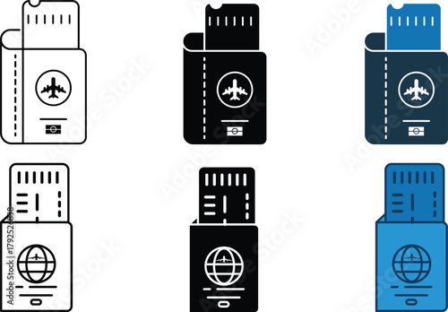 Boarding pass passport in various styles including line art, silhouette and color vector design