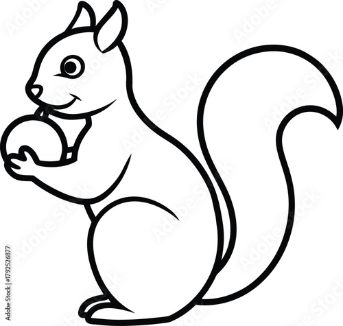 Adorable cartoon squirrel holding a nut, black and white line art illustration